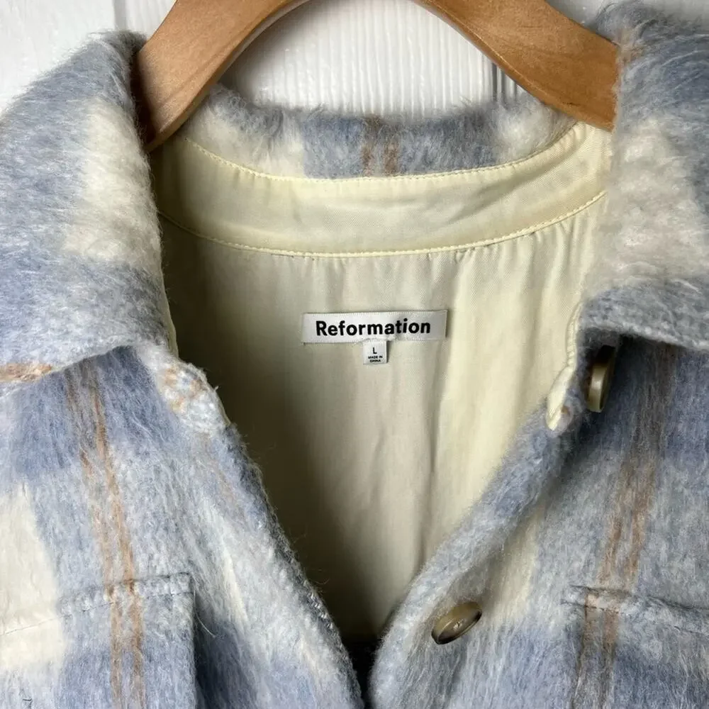 Reformation Ainslie Button Up Flannel Oversized Jacket Light Blue White Plaid L - Picture 10 of 12